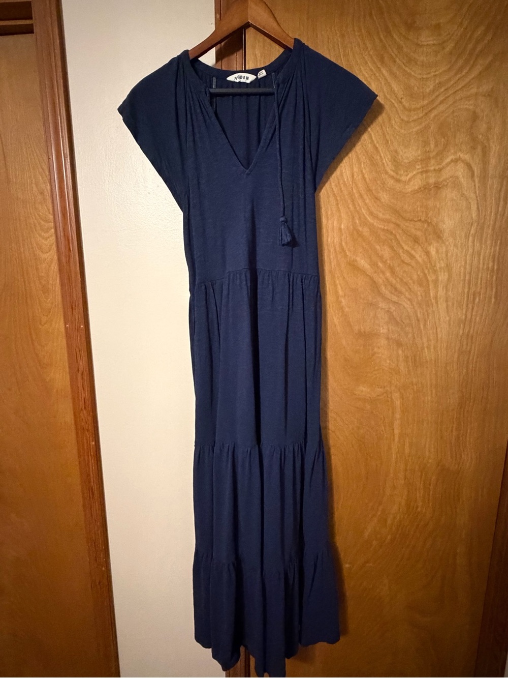 Boden Navy Tiered Maxi Dress with V-Neck and Tassel
